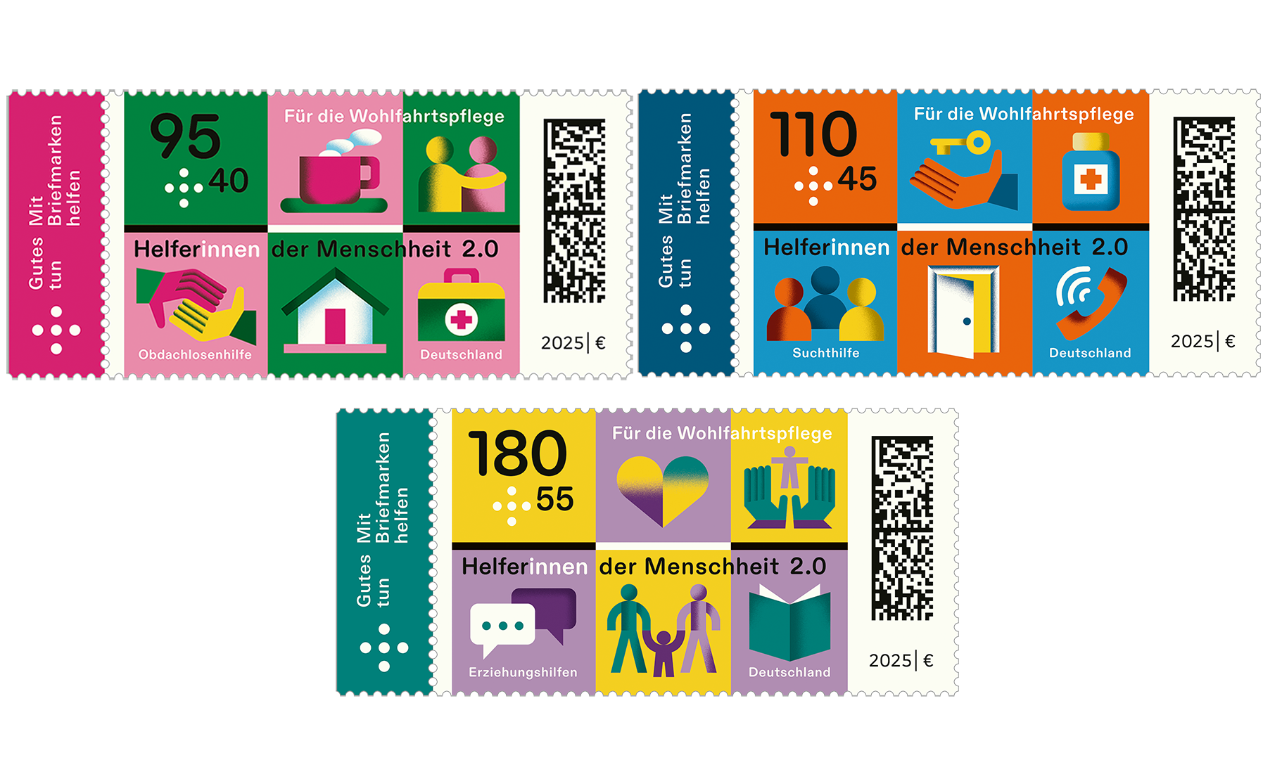 Das Bild zeigt drei Wohlfahrts-Briefmarken von 2025 mit unterschiedlichen Werten und Motiven zu den Themen Obdachlosenhilfe, Suchthilfe und Erziehungshilfen.