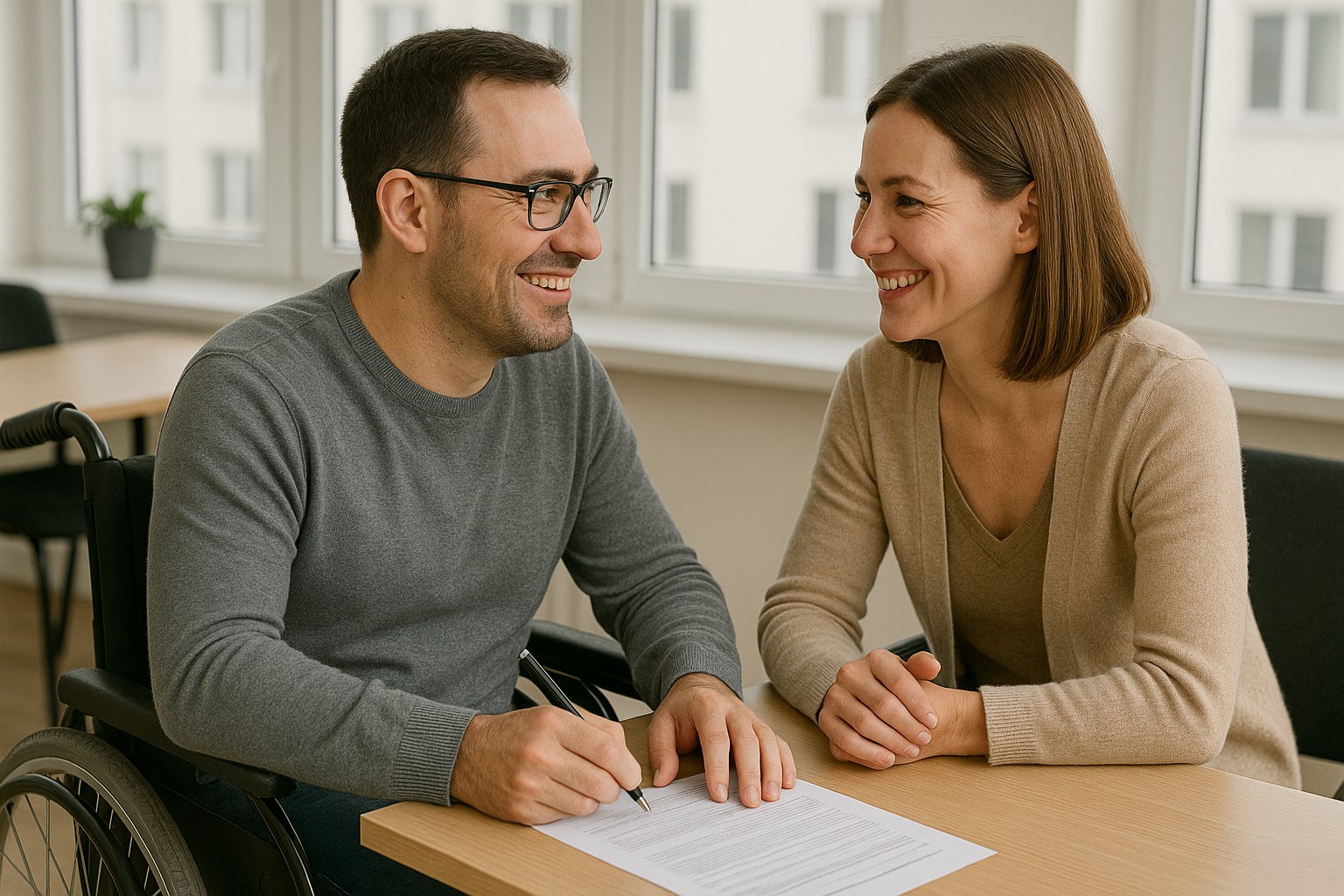 Ein Mann und eine Frau sitzen am Tisch und freuen sich.
