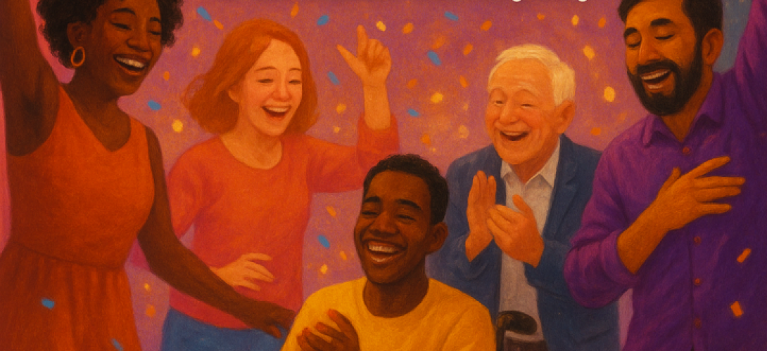 Einladung zur TiK-Party am 24.101.2025. Menschen verschiedenen Alters, mit und ohne Rollstuhl tanzen, lachen und haben gemeinsam Spaß