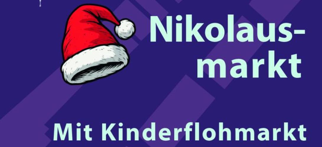 Nikolausmarkt mit Kinderflohmarkt am 06.12.2025. Der Text ist hellblau auf lila Untergrund. Zu sehen ist außerdem Nikolausmütze