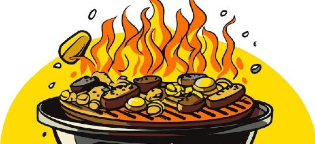 Ein Kugelgrill auf dem Grillgut liegt und dahinter lodern Flammen. Bild im Comic-Stil.