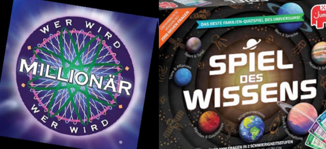 Abgebildet sind zwei Spiele: "Spiel des Wissens" und "Wer wird Millionär"